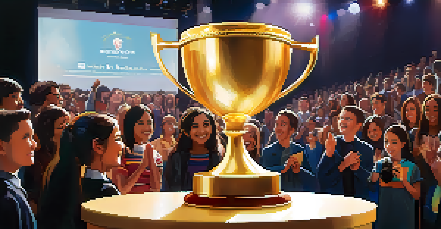 A young filmmaker receiving an award on stage, expressing joy and pride, with an audience clapping in a festive atmosphere.