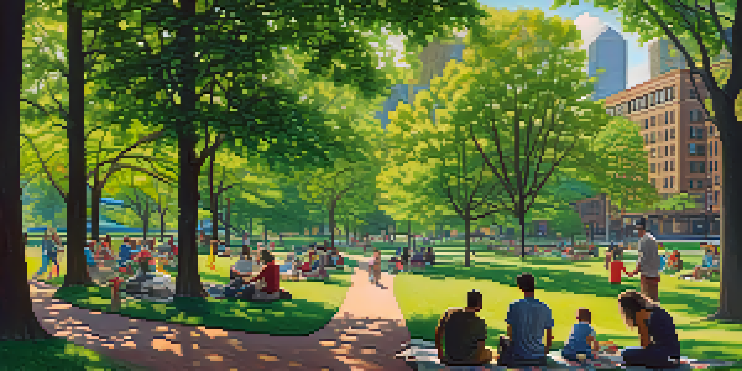 A lush green urban forest in Chicago with people picnicking in a park, colorful flowers, and the city skyline in the background.