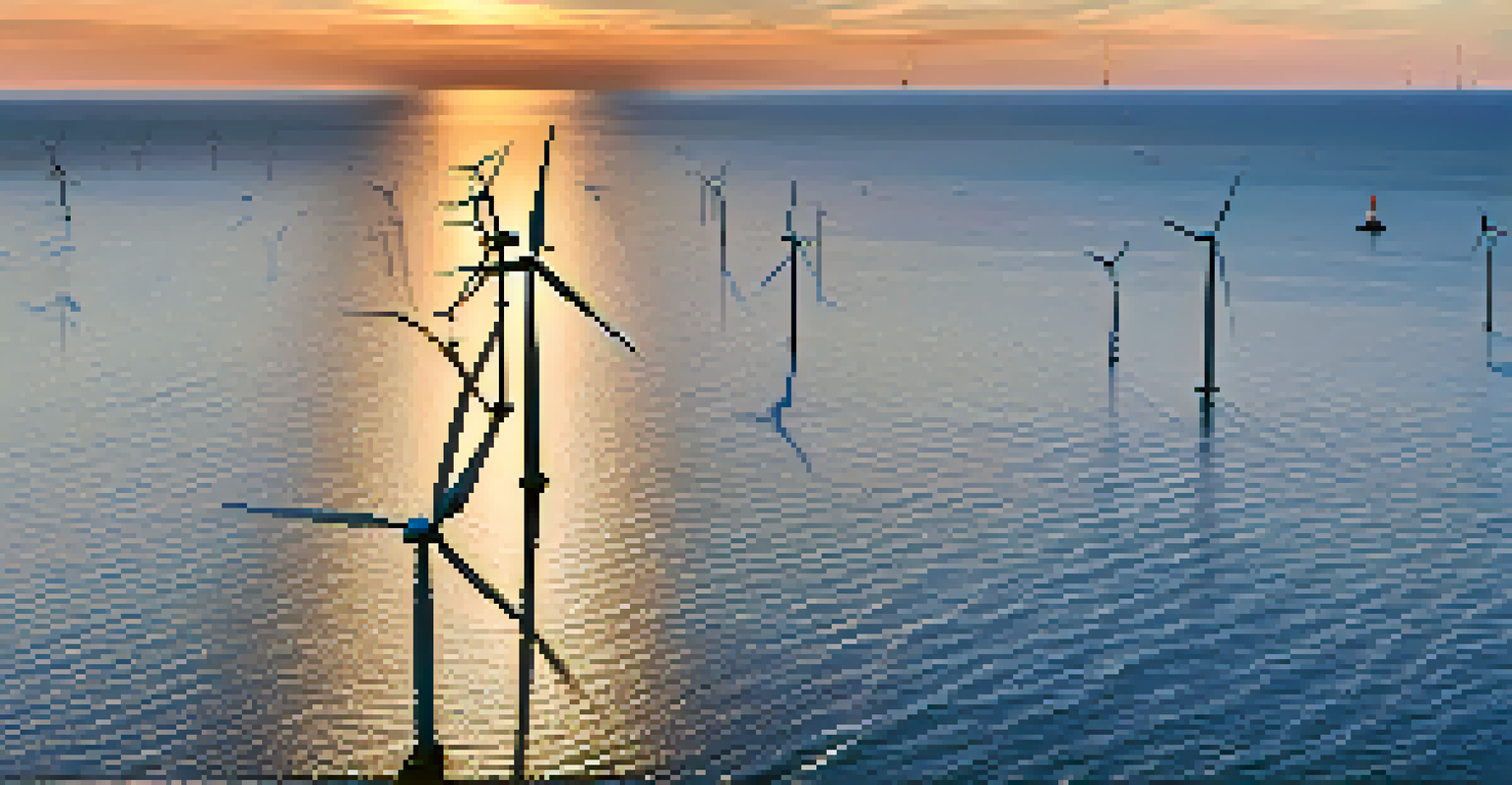 An aerial view of wind turbines on Lake Michigan, with the Chicago skyline in the background.