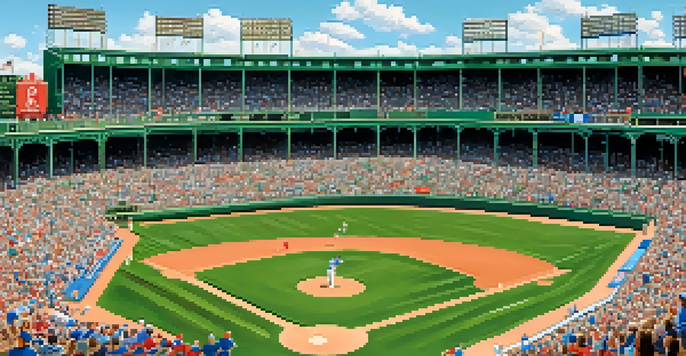 A panoramic view of Wrigley Field on a summer day, filled with fans in Cubs jerseys cheering, surrounded by bright blue skies and green grass.