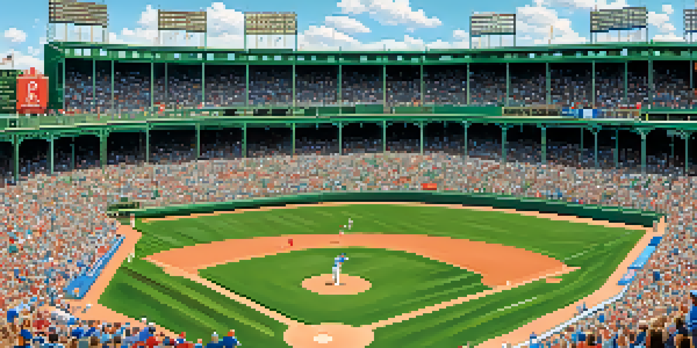 A panoramic view of Wrigley Field on a summer day, filled with fans in Cubs jerseys cheering, surrounded by bright blue skies and green grass.