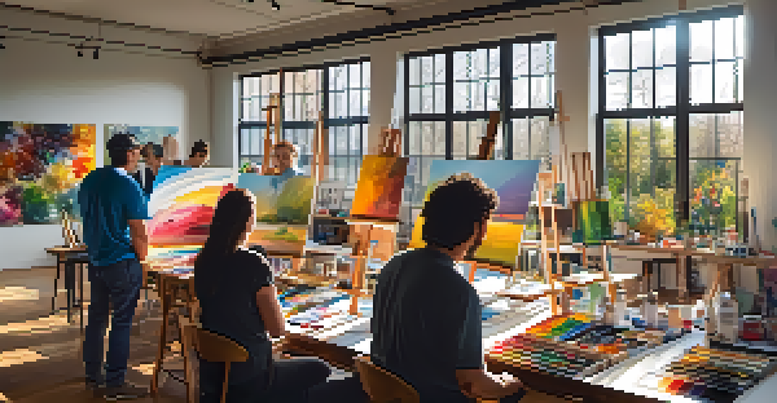 An art studio in Chicago where local artists collaborate on a canvas, filled with vibrant colors and natural light.