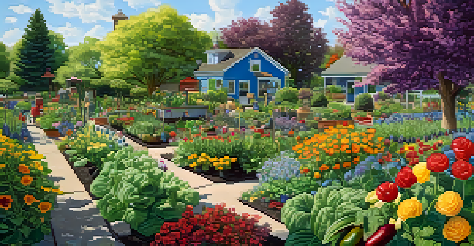 A close-up view of a community garden in Wheaton, showcasing blooming flowers and vegetables with bees and butterflies.