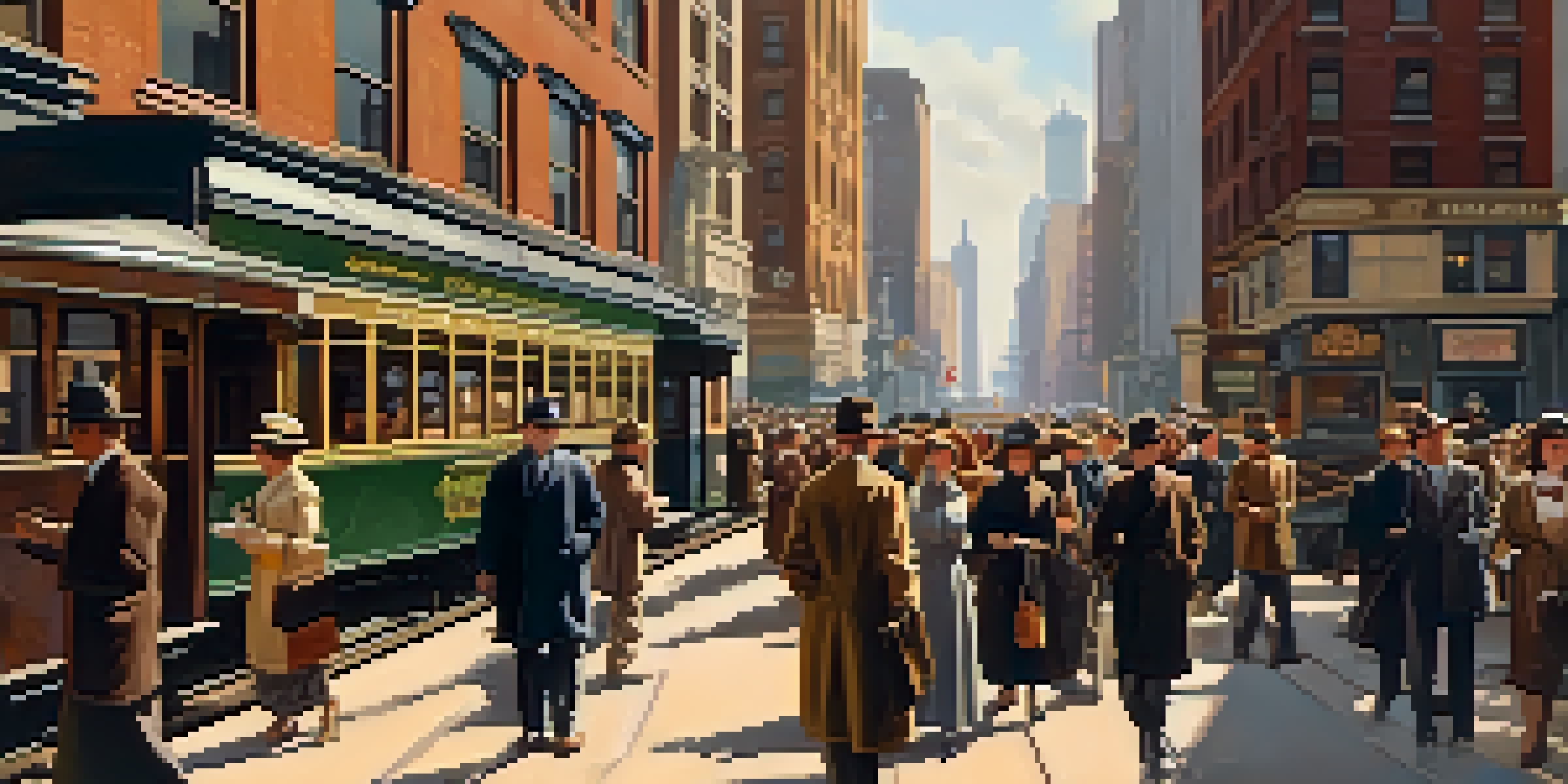 A vibrant street scene in early 20th century Chicago with diverse people, tall brick buildings, and streetcars in a nostalgic setting.