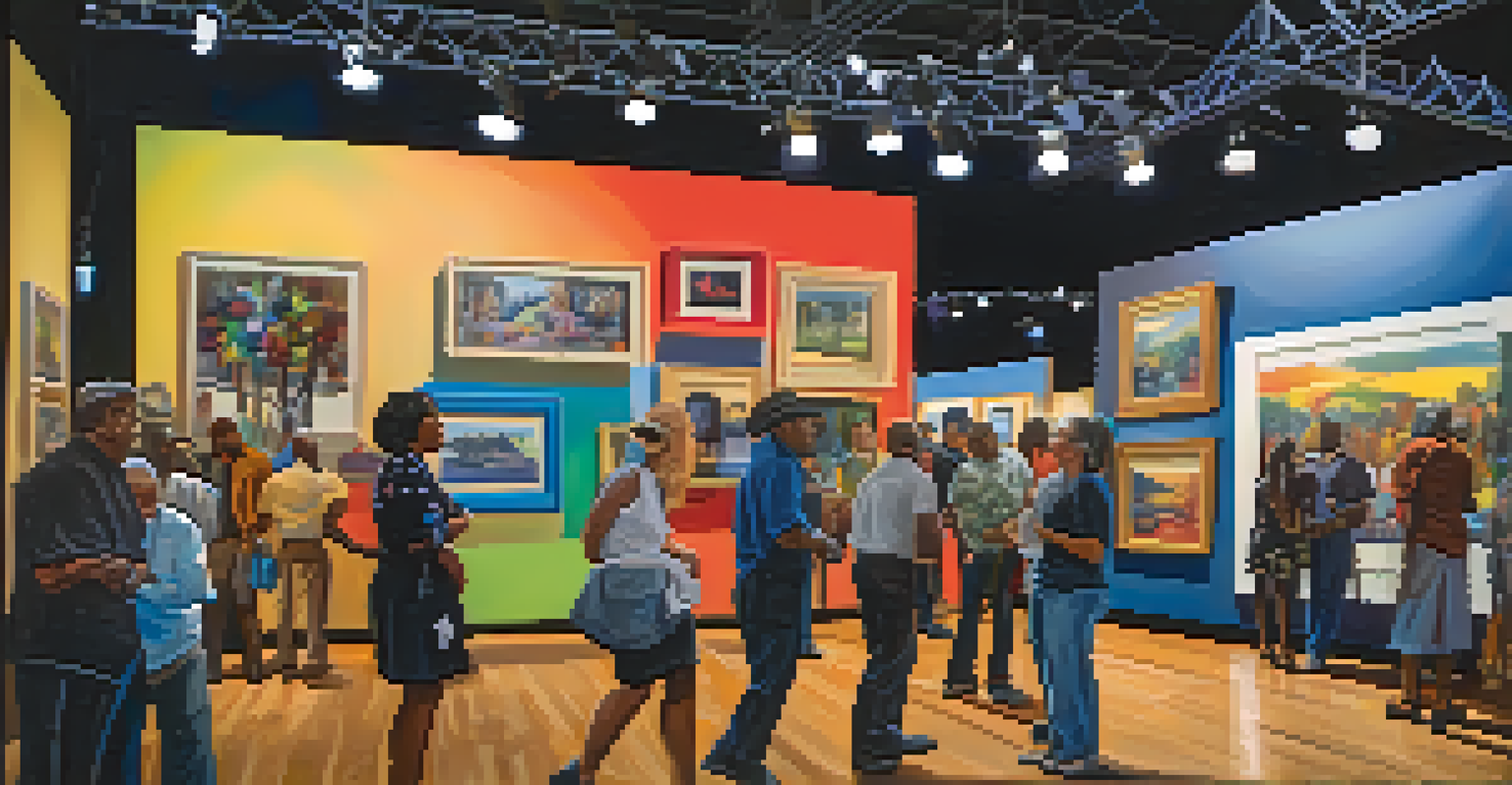 An art exhibit at a music festival showcasing colorful artworks inspired by blues music, with people engaging with the displays.
