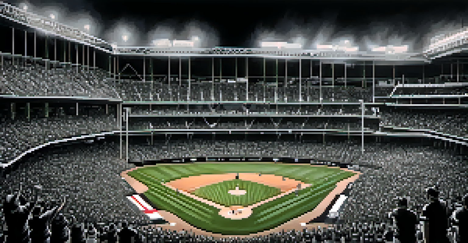 Sox fans at Guaranteed Rate Field, wearing black and white jerseys and cheering, with stadium lights illuminating the scene.