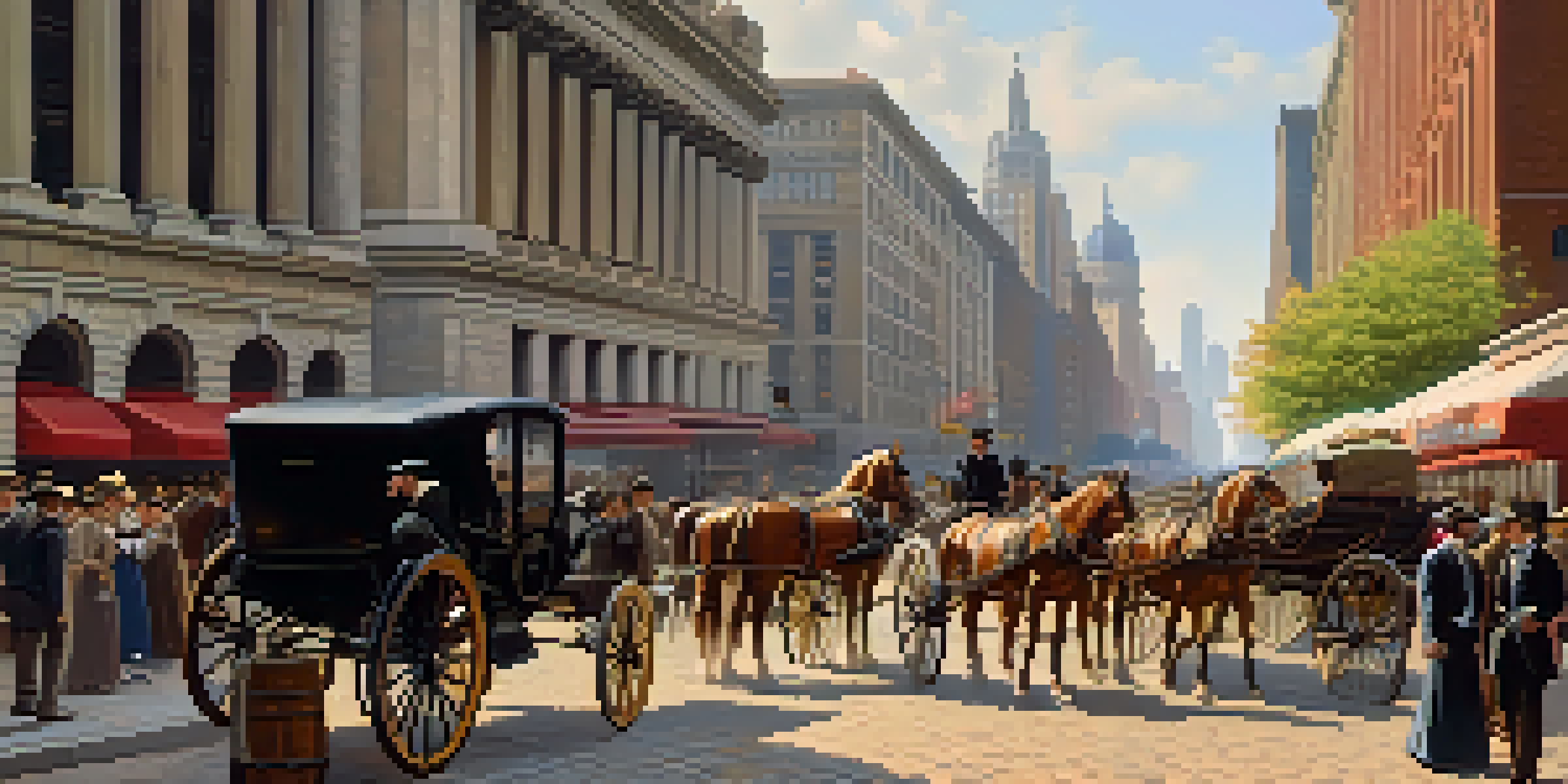 A historical scene of a busy Chicago street in the 19th century with horse-drawn carriages, merchants, and the Stock Exchange building in the background.
