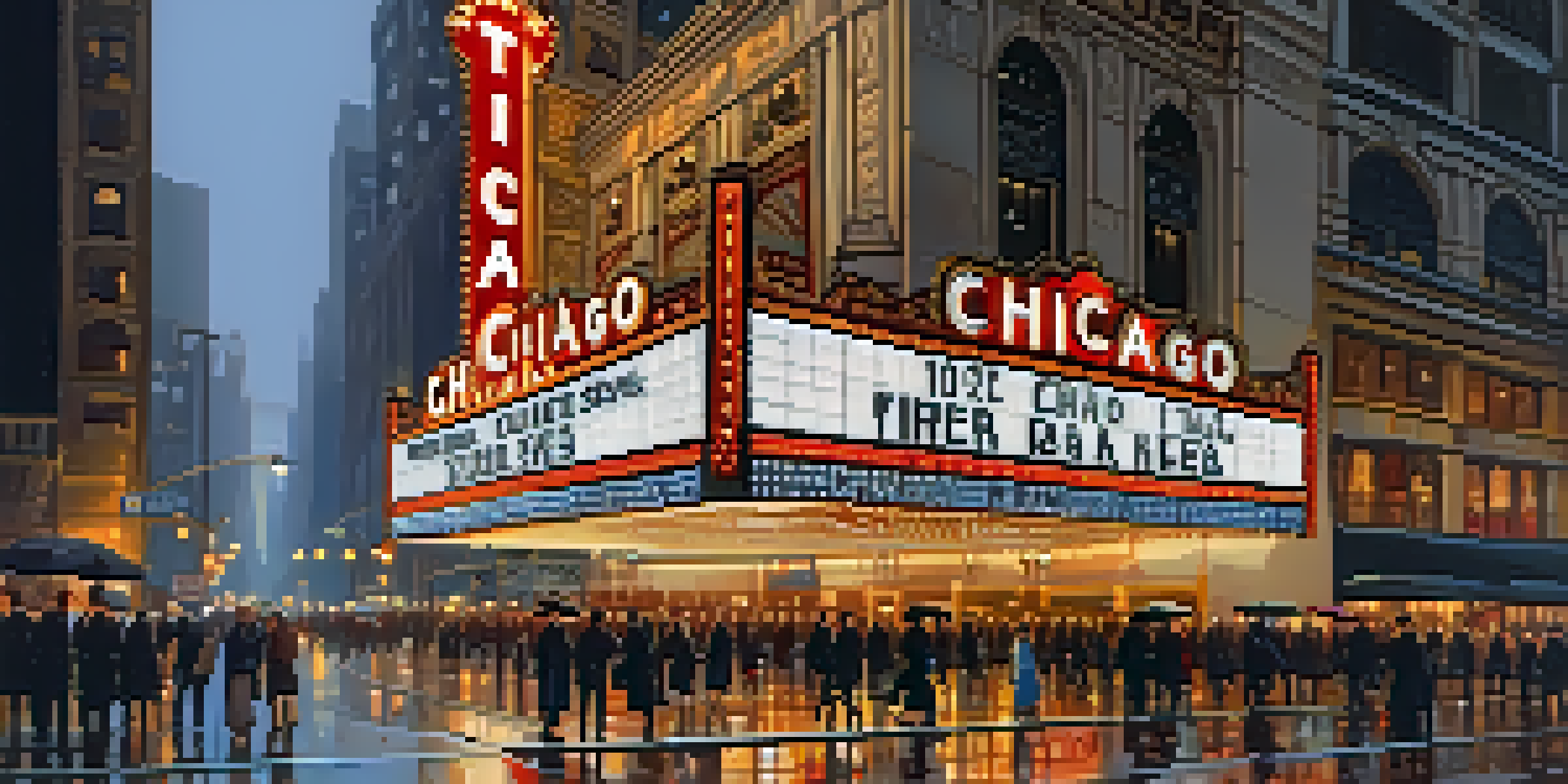 A busy Chicago street at night featuring the illuminated facade of the Chicago Theatre with people dressed for a night out.