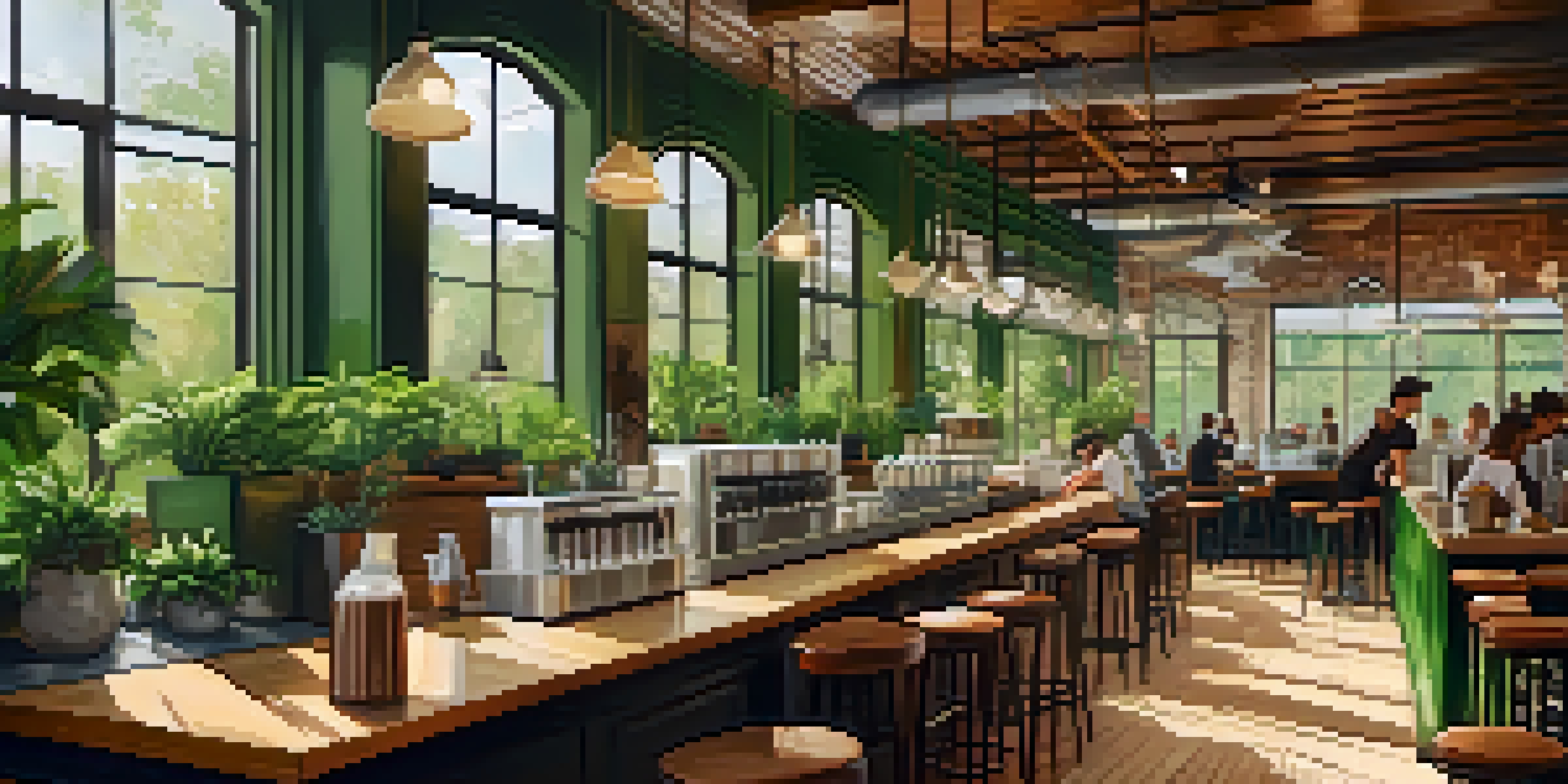 A cozy coffee shop in Chicago with green plants and wooden decor, featuring baristas brewing coffee and customers enjoying their drinks.