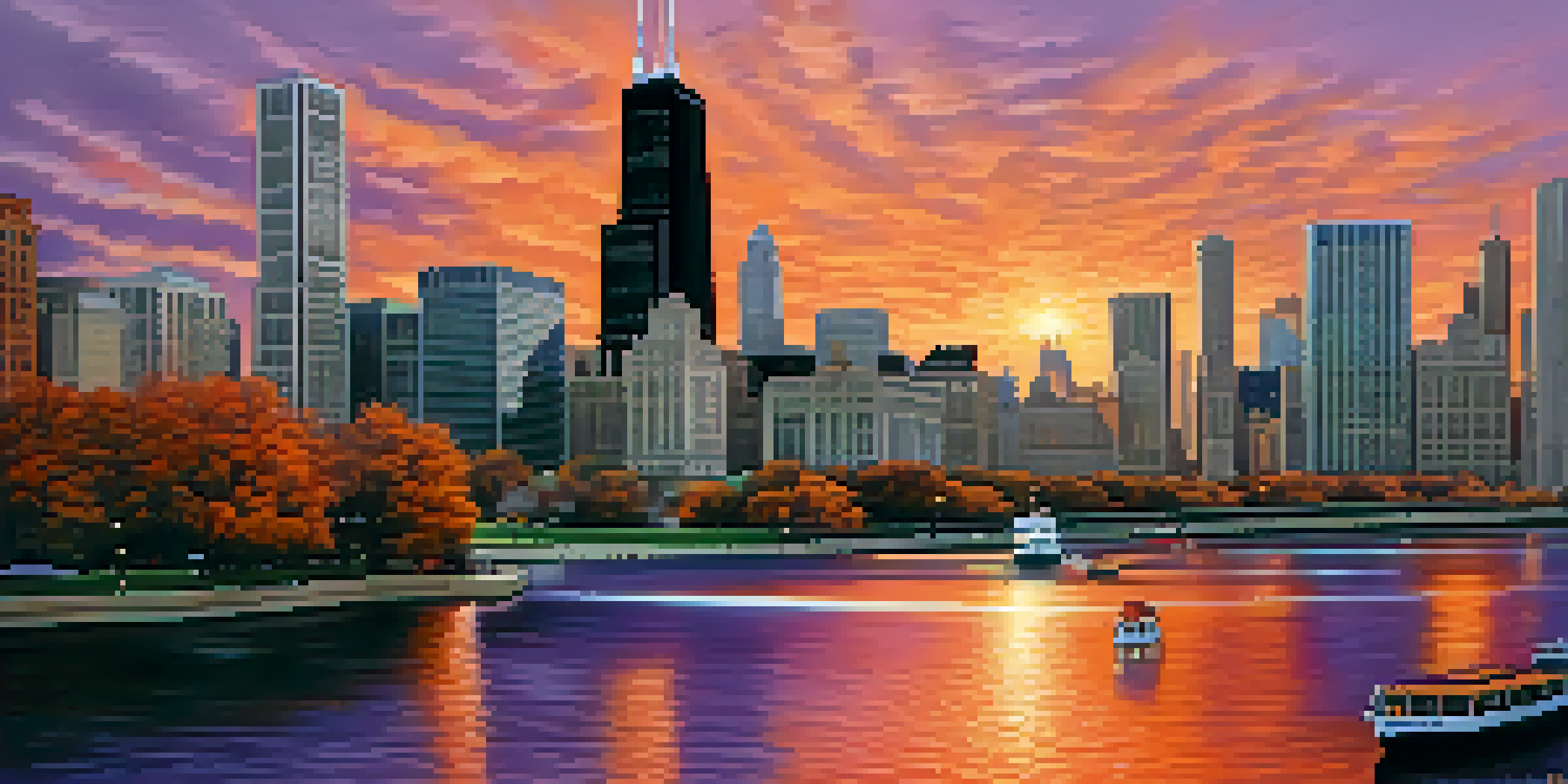 A wide view of Chicago's skyline during sunset with a mix of modern and historical architecture, and the Chicago River in the foreground.