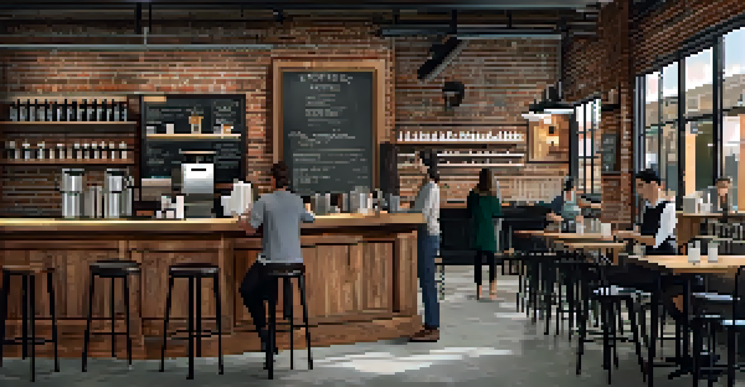 A rustic coffee shop with customers enjoying drinks and a barista preparing coffee.