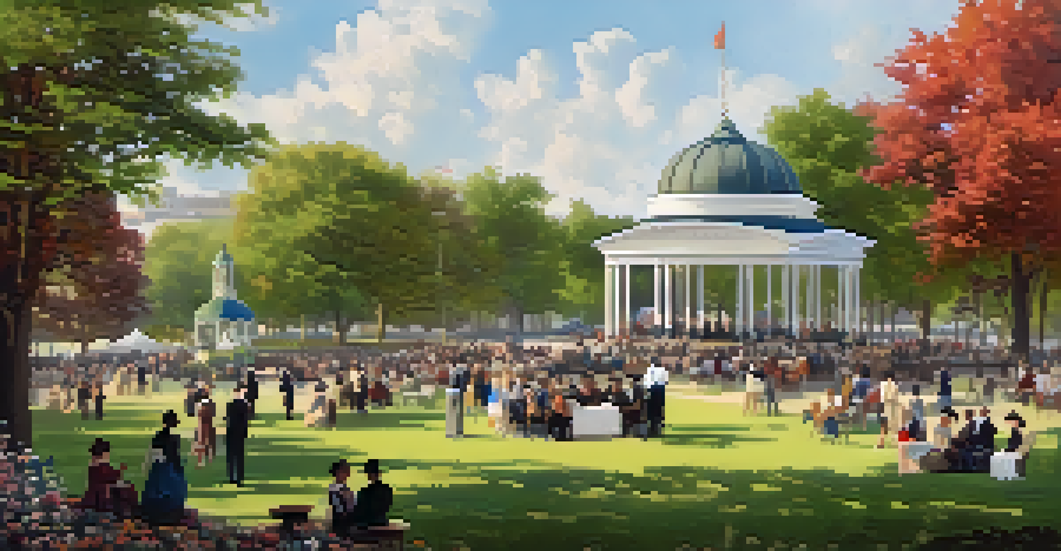 An artistic view of Grant Park in the late 19th century with people at a cultural event, surrounded by flowers and a bandstand, showcasing community engagement.