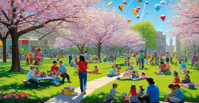 A lively spring festival in a Chicago park with families picnicking, children flying kites, and colorful flowers all around.