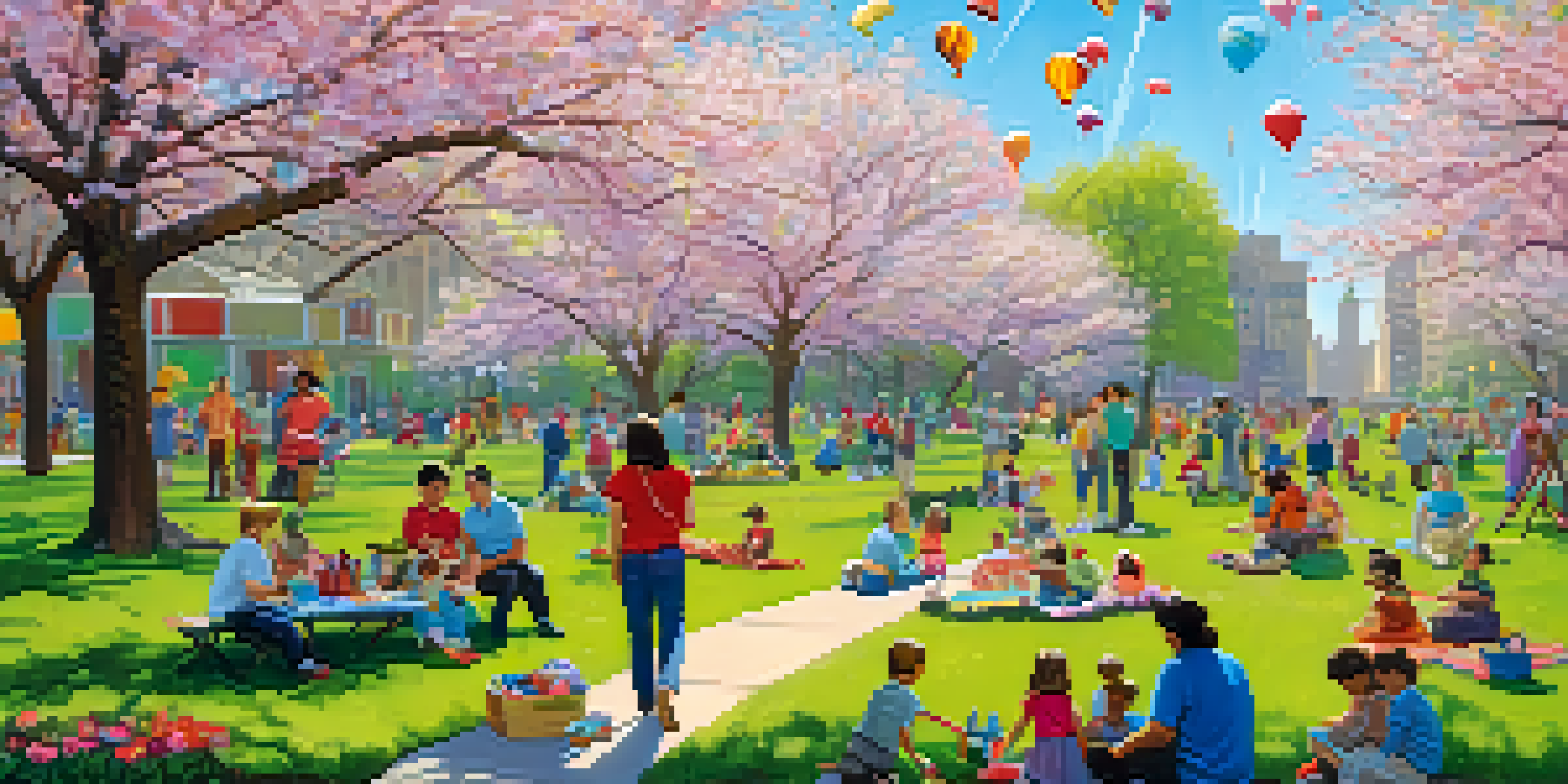 A lively spring festival in a Chicago park with families picnicking, children flying kites, and colorful flowers all around.
