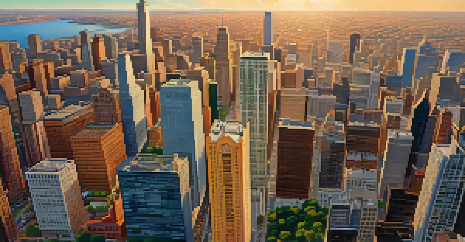 Aerial view of Chicago in the 1970s showing urban development, skyscrapers, and bustling streets during sunset.
