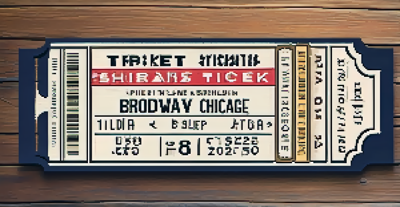 A close-up of a colorful theater ticket for a Broadway show on a wooden table with a blurred Chicago skyline in the background.