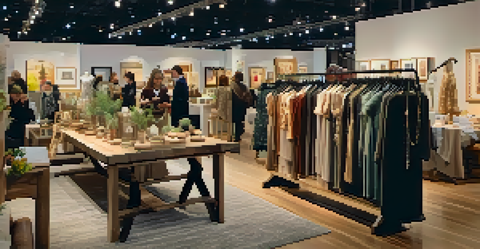 A cozy boutique display at the Chicago Boutique Show, showcasing handmade jewelry and clothing, with designers engaging with shoppers in a warmly lit environment.