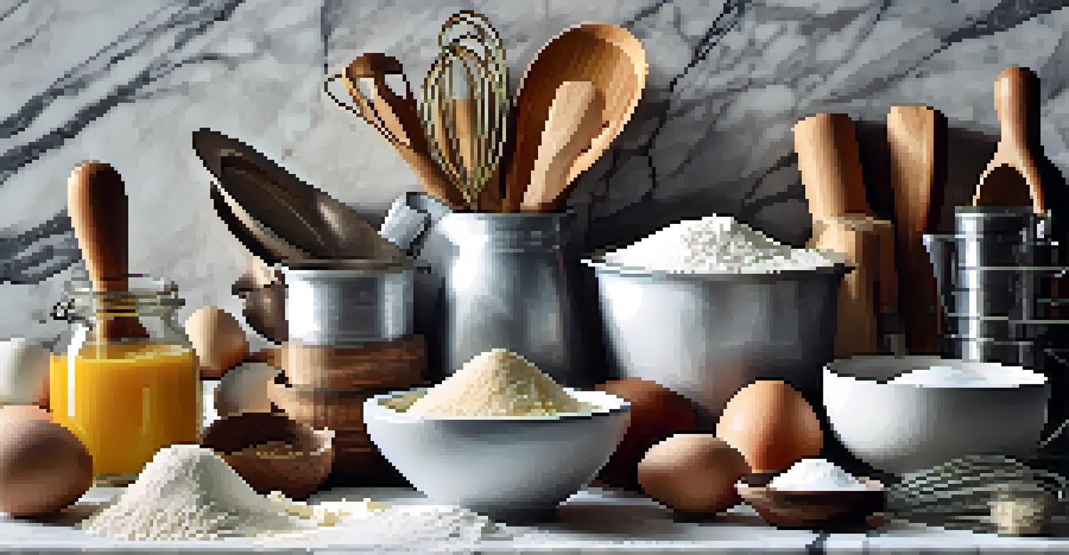 An organized display of baking tools and ingredients on a marble countertop, highlighting their textures and freshness.