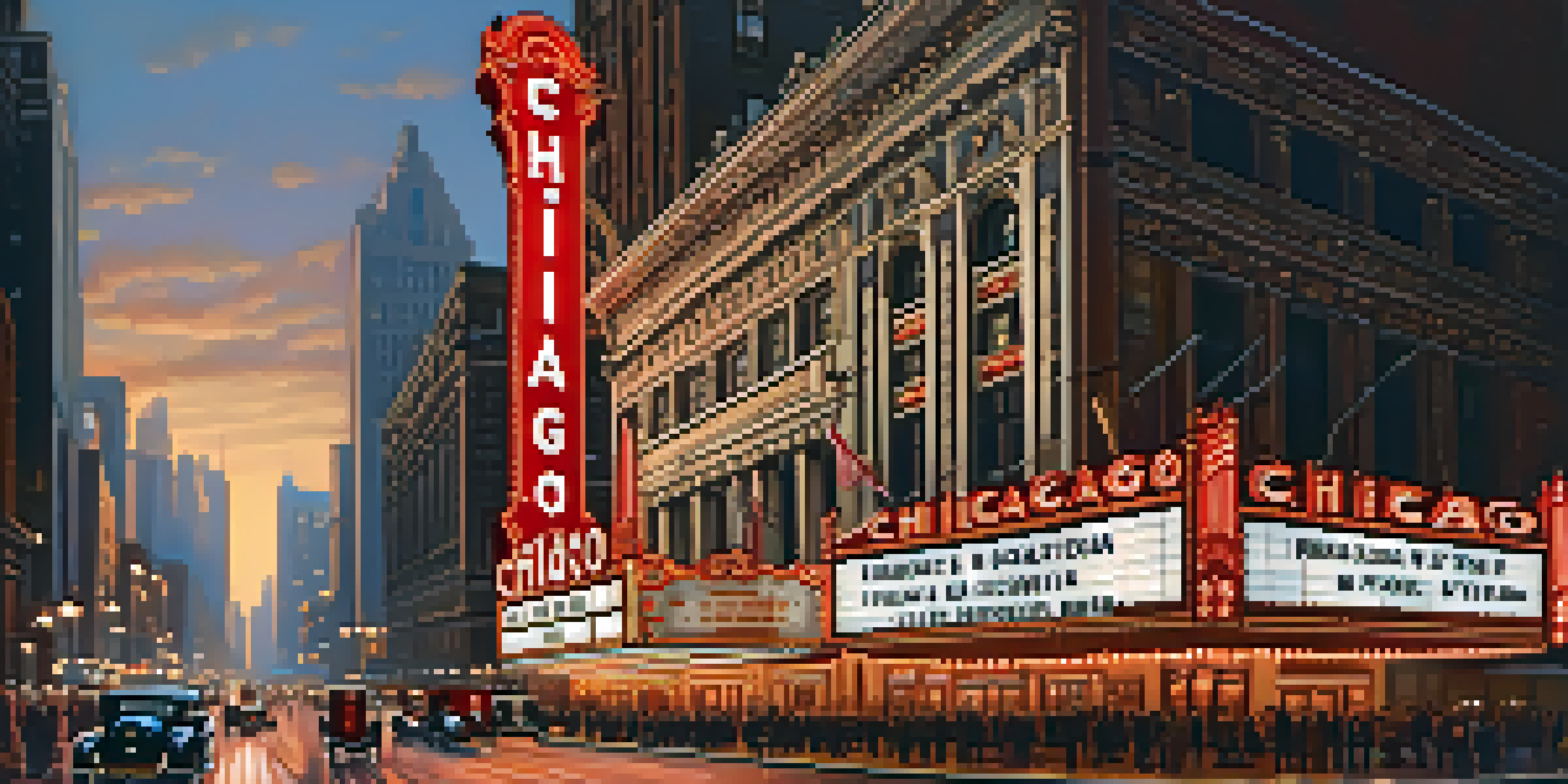 An exterior view of the Chicago Theatre illuminated at dusk with a vibrant marquee and people in vintage attire.