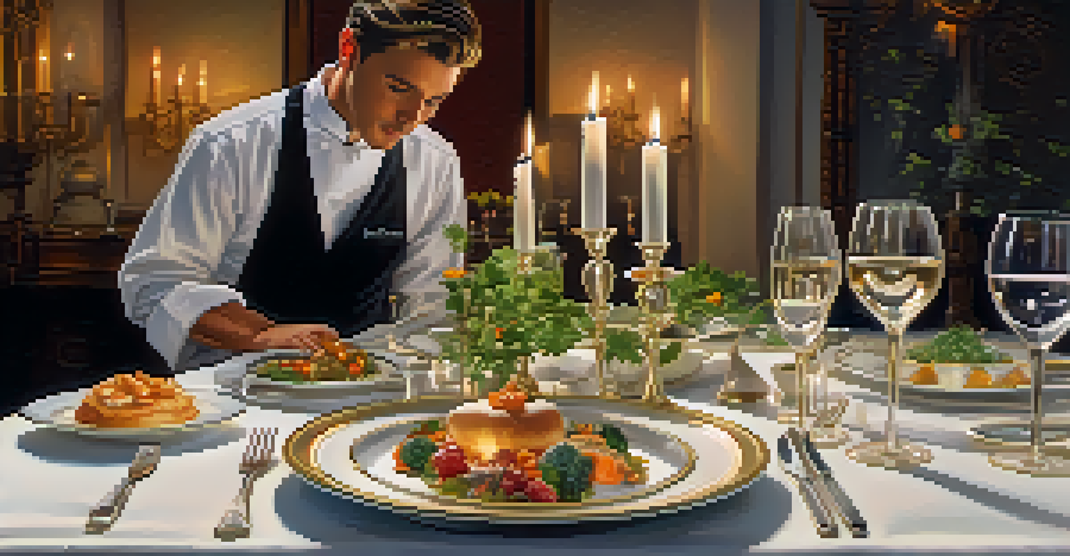 A fine dining table set with a beautifully plated French dish, complete with elegant tableware and candlelight.