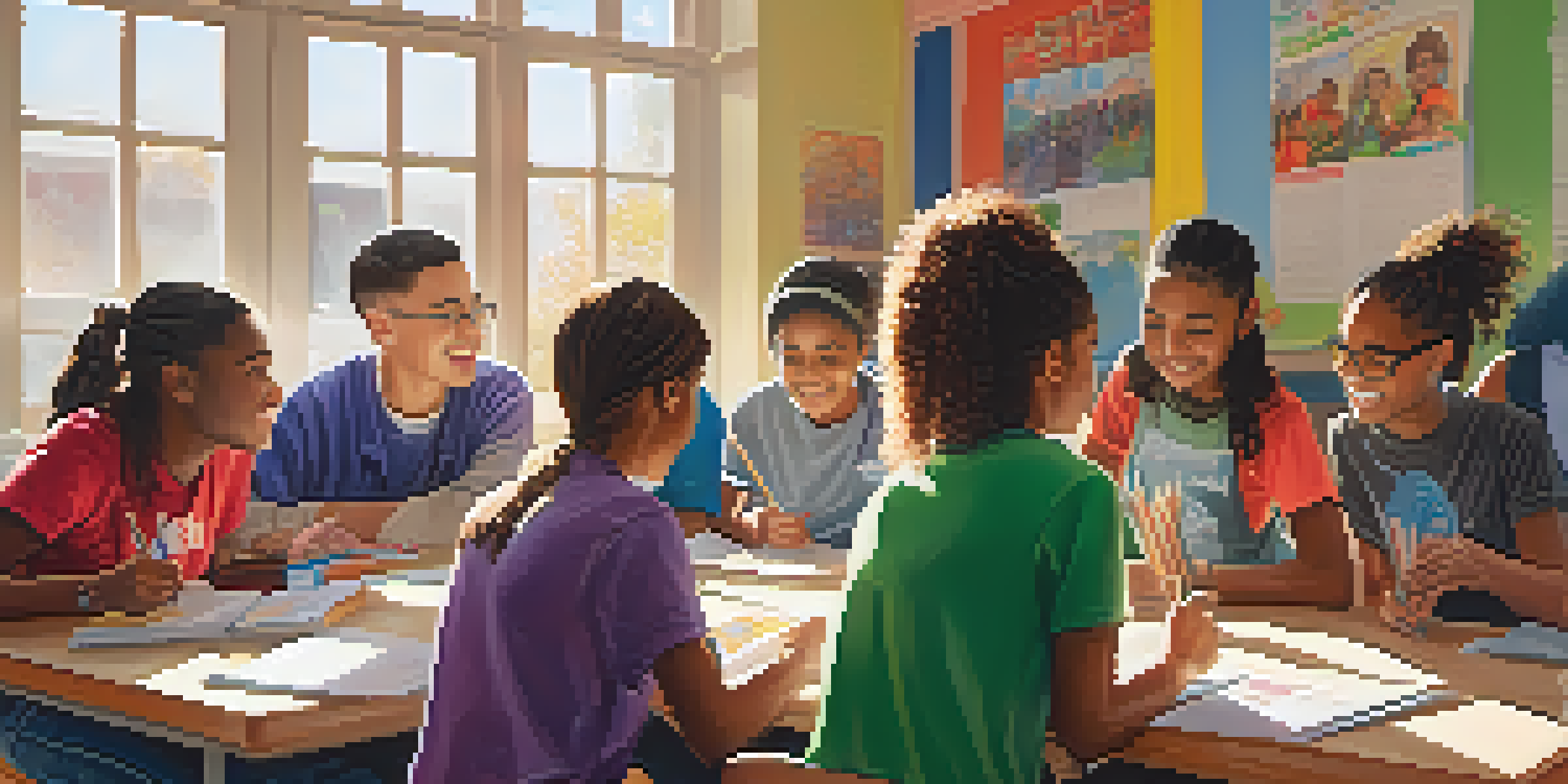 A diverse group of high school students tutoring younger children in a colorful classroom, with sunlight streaming through the windows.