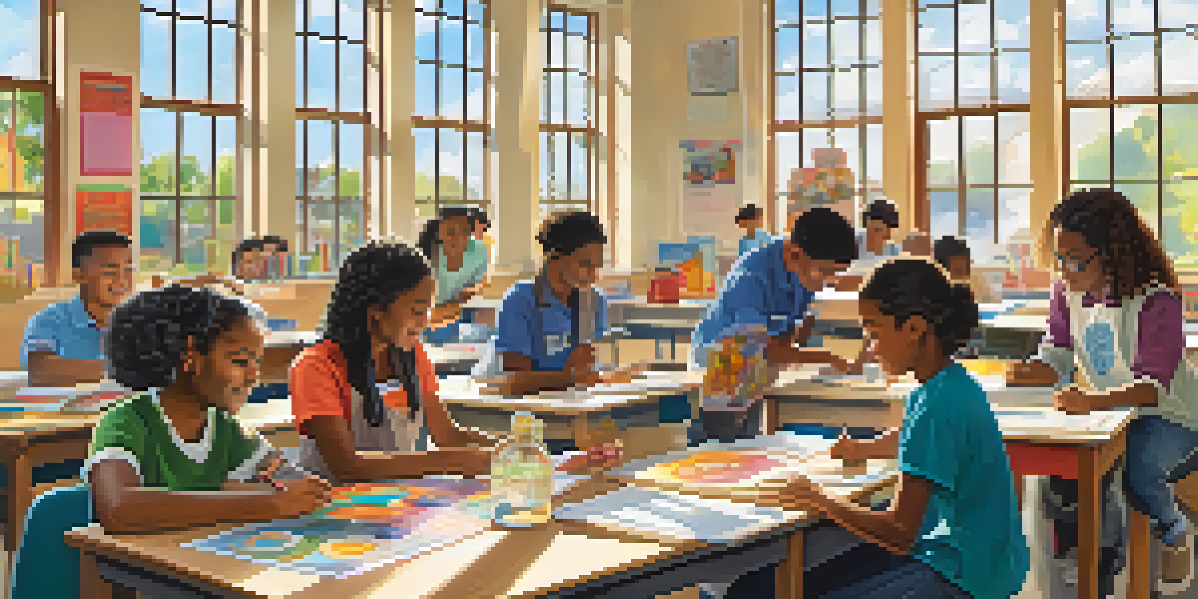 A diverse group of students in a bright classroom, collaborating on a science experiment with smiles and teamwork.
