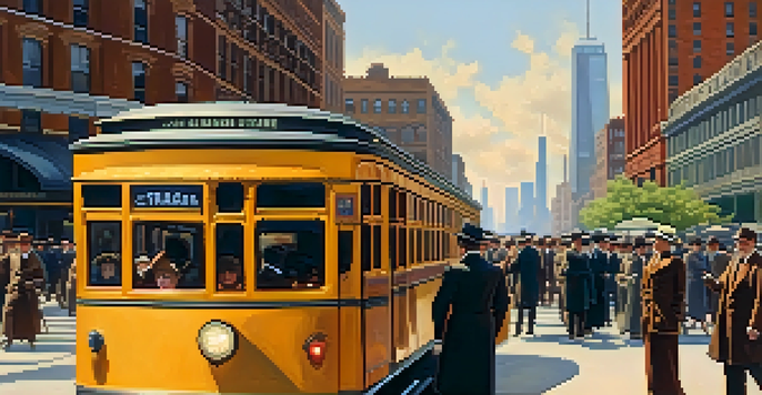 A vintage 'L' train above a busy Chicago street with pedestrians in early 20th-century clothing and historic buildings in the background.