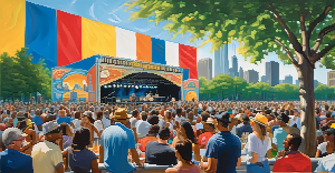 A colorful outdoor festival scene with a diverse crowd enjoying live blues music, musicians performing on stage, and the Chicago skyline in the background.
