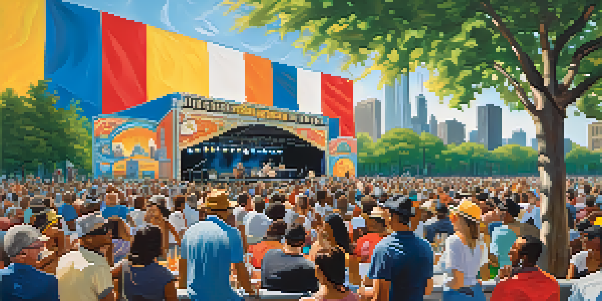 A colorful outdoor festival scene with a diverse crowd enjoying live blues music, musicians performing on stage, and the Chicago skyline in the background.