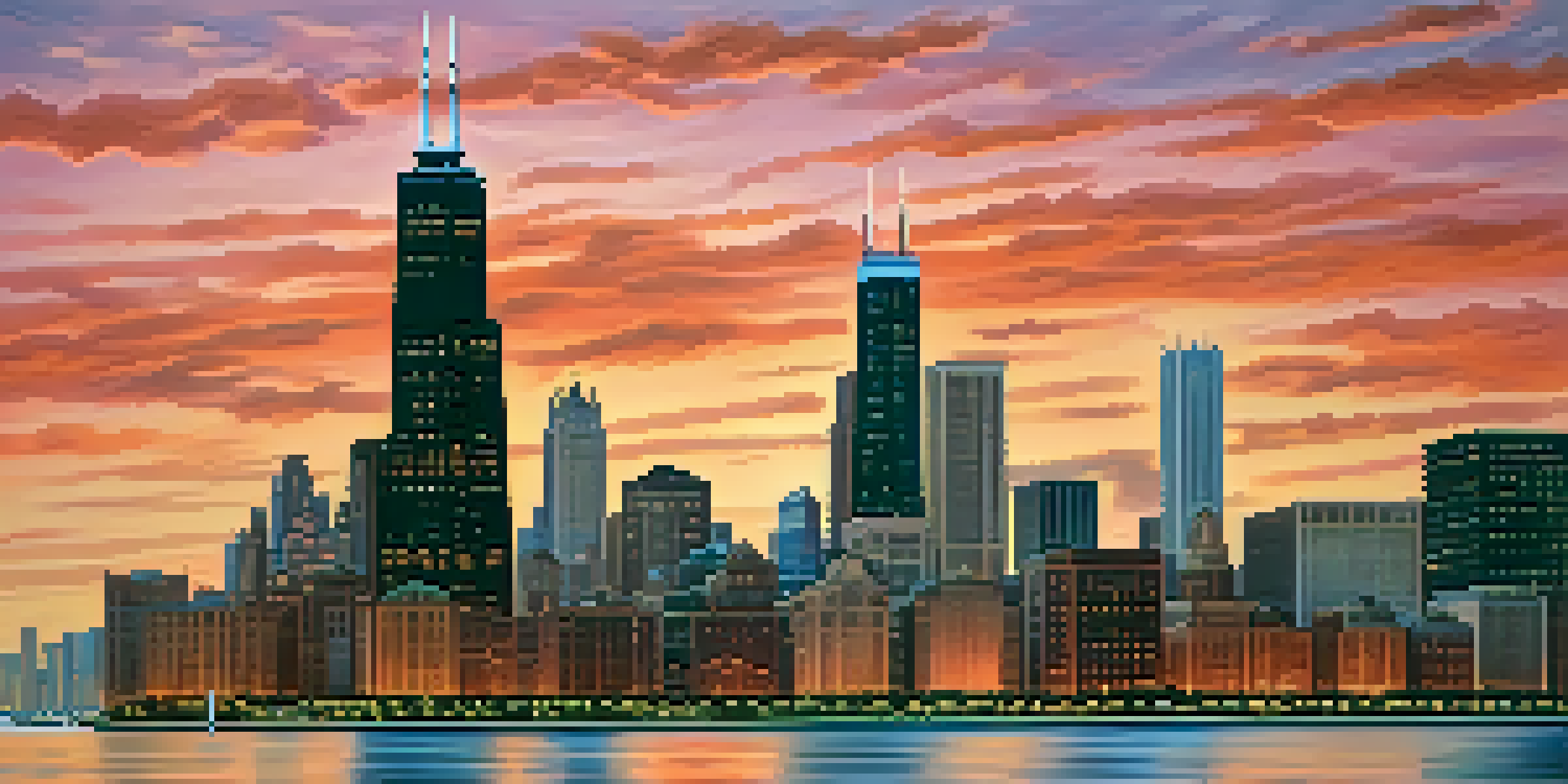A panoramic view of the Chicago skyline at sunset, with modern skyscrapers and historic buildings reflecting colorful skies over Lake Michigan.