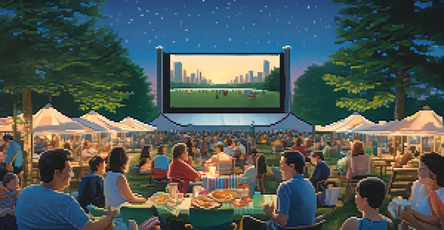 Families enjoying a summer movie night in Millennium Park, with a large screen, picnic blankets, and twinkling lights.