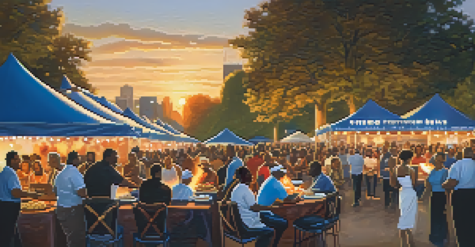 A chef grilling BBQ ribs at the Chicago Blues Festival, with a lively crowd and live music in a beautifully lit Grant Park setting.