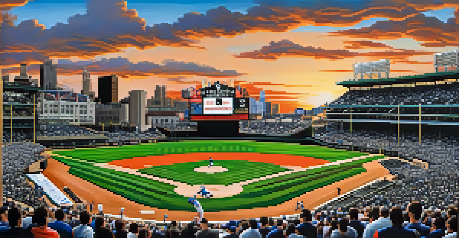 A split image showing Wrigley Field on the left and Guaranteed Rate Field on the right, representing the Cubs and White Sox rivalry against a sunset sky.