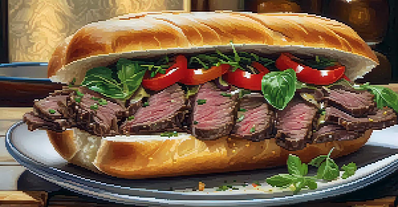 An Italian beef sandwich cut in half, displayed on a rustic table with fresh herbs and peppers around it, illuminated by soft lighting.