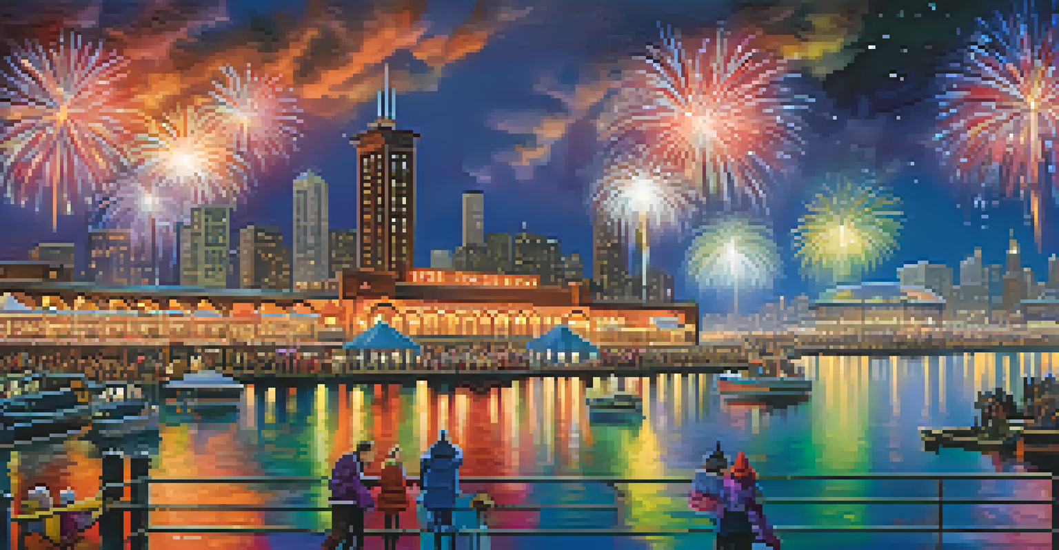 A festive scene at Chicago's Navy Pier with colorful fireworks over the city skyline, and people celebrating together.