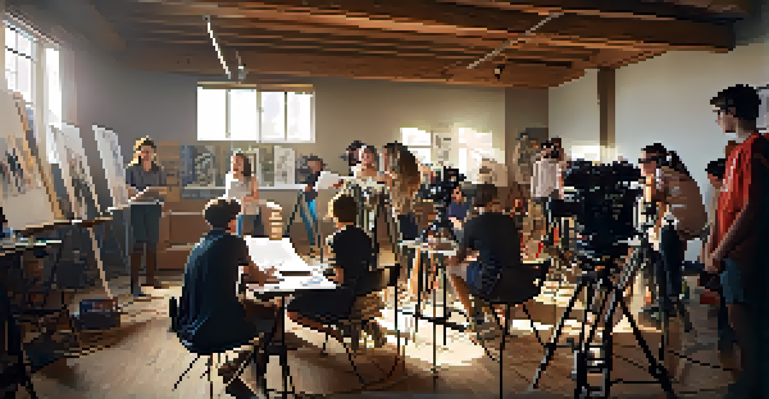 A workshop environment with a filmmaker teaching cinematography techniques to young filmmakers, surrounded by film equipment and natural light.