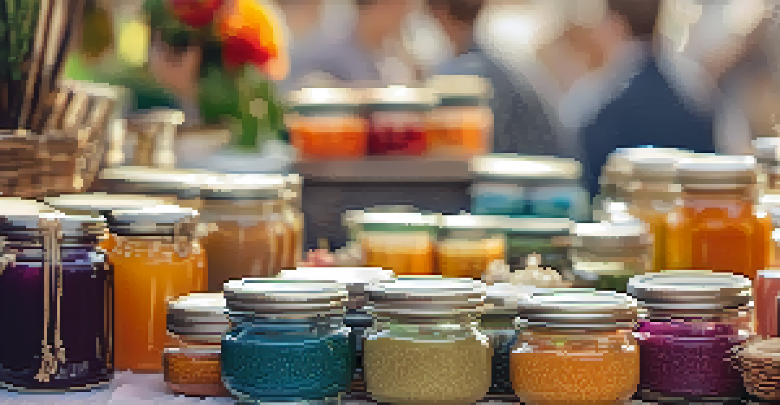 A vendor's table at a farmers market filled with handmade items like soaps and jams, with a bustling market in the background.