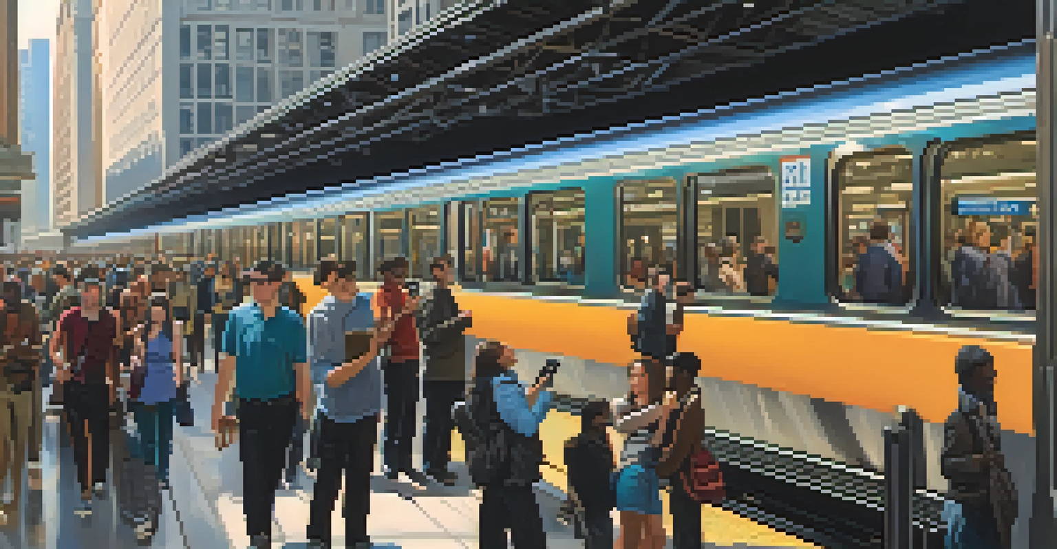 A modern 'L' train station filled with commuters checking their smartphones, bright digital screens showing train schedules, and diverse individuals interacting.