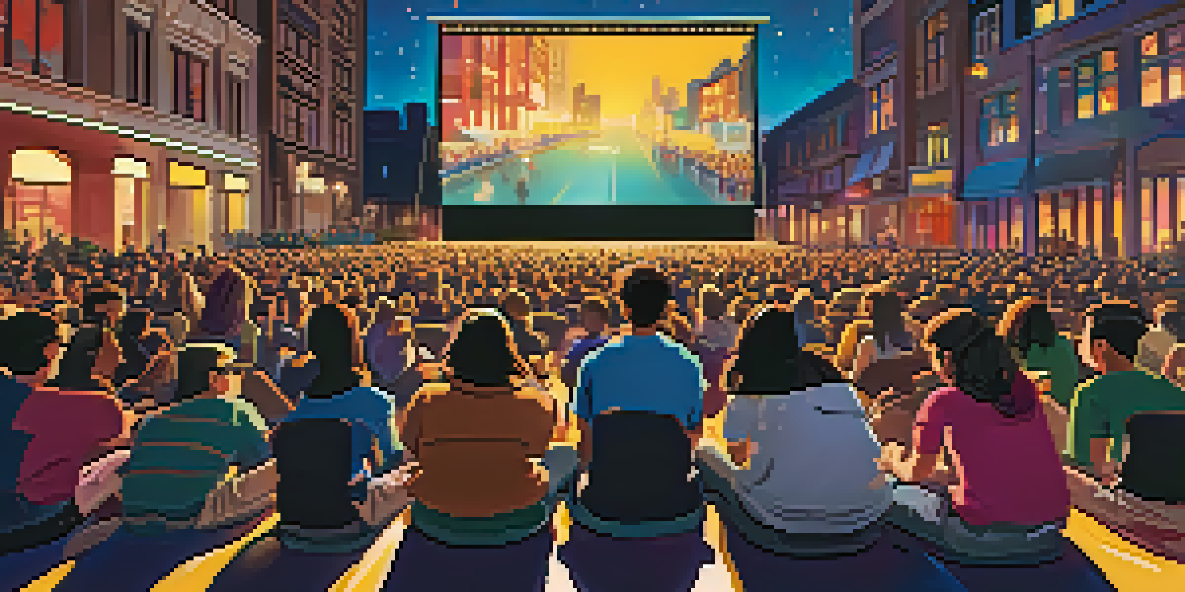 A lively festival scene with young filmmakers watching films on a large screen, surrounded by colorful decorations and engaging in discussions.