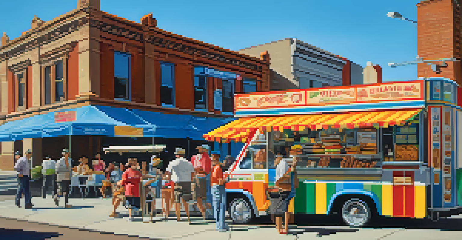 A busy street food vendor in Chicago serving Italian beef sandwiches, with customers dining at tables and a backdrop of city architecture.
