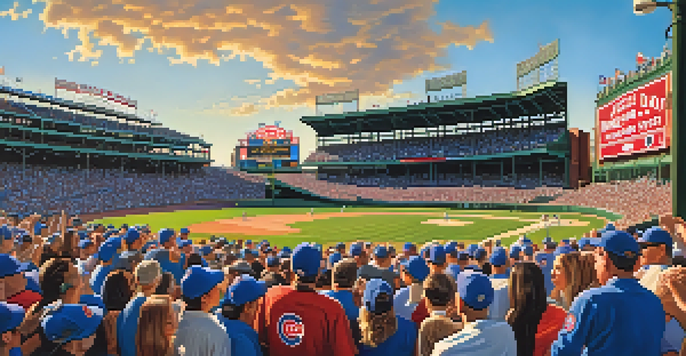 A lively crowd of Chicago Cubs fans at Wrigley Field, enjoying a game under a clear blue sky.