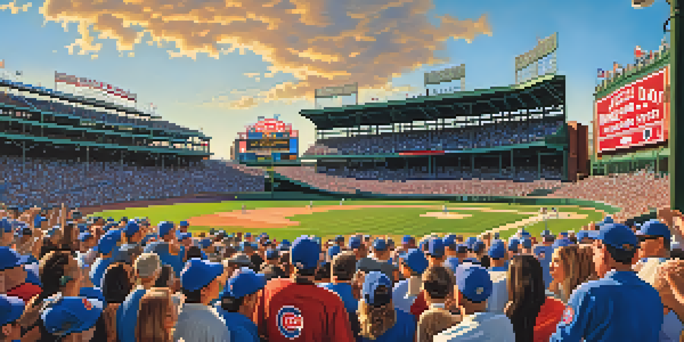 A lively crowd of Chicago Cubs fans at Wrigley Field, enjoying a game under a clear blue sky.