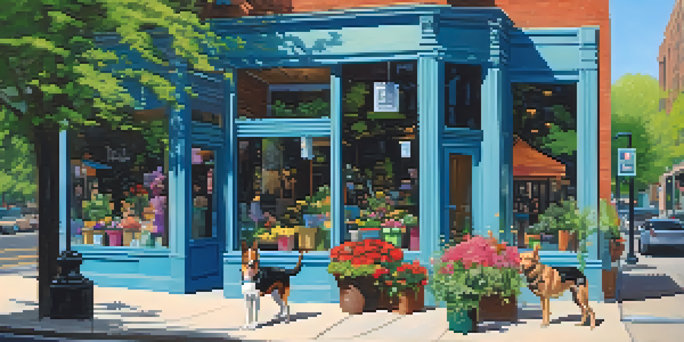 A busy street in Lincoln Park with pet-friendly boutiques, featuring dogs walking with their owners and colorful storefronts.