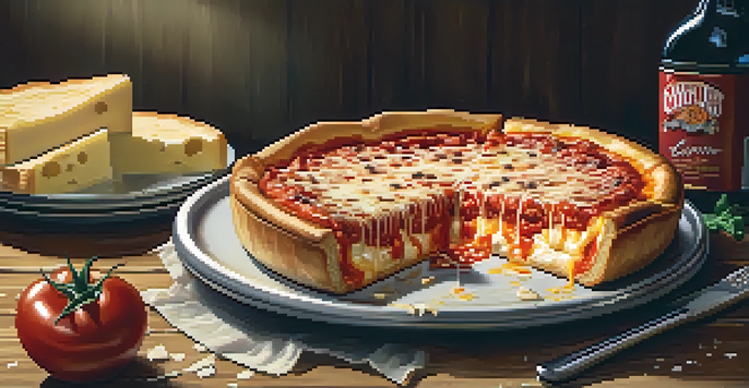 A close-up image of a Chicago deep-dish pizza with layers of cheese and toppings being pulled apart.