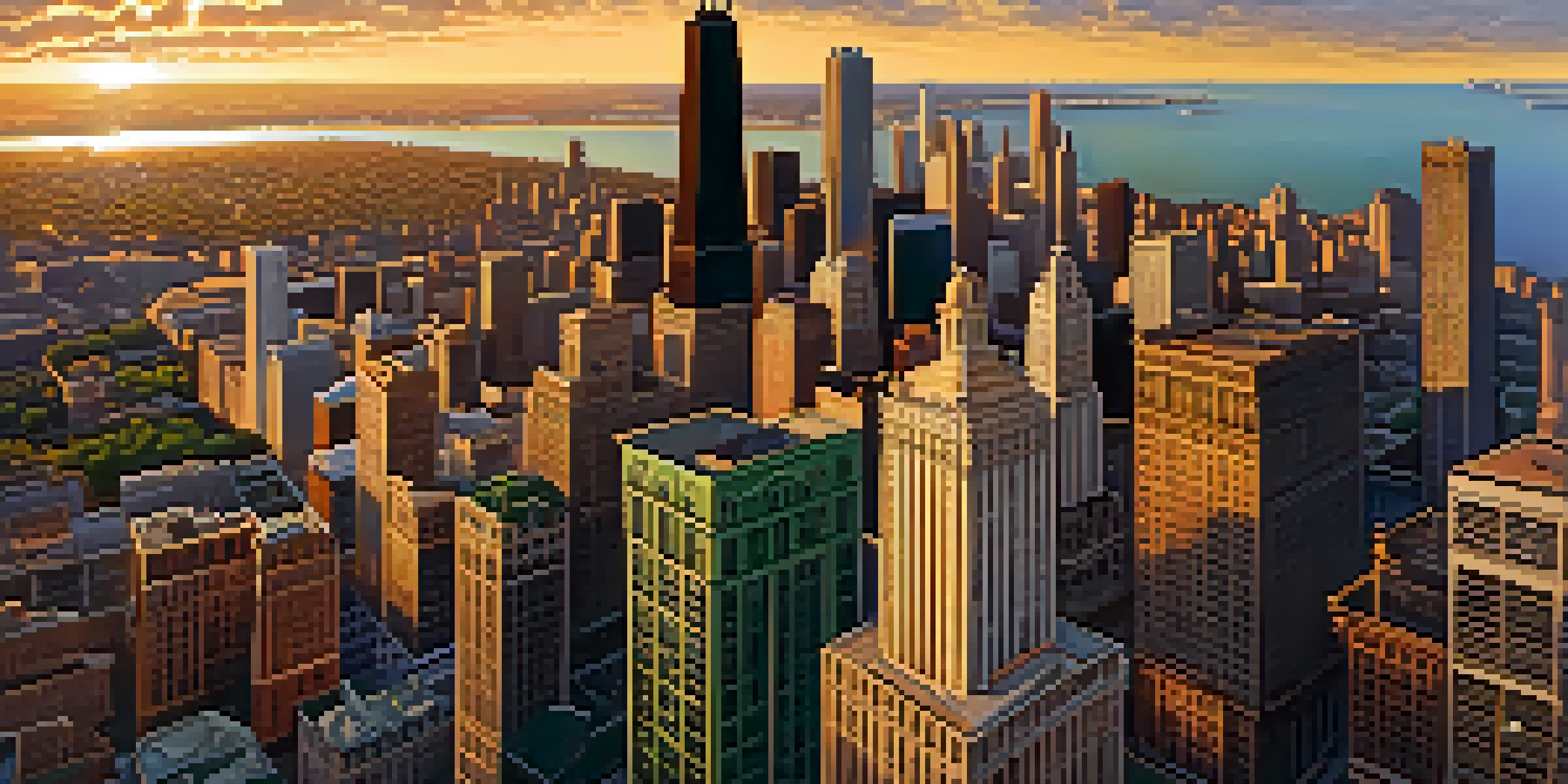 Aerial view of Chicago with skyscrapers, brownstones, and the Chicago River at sunset.