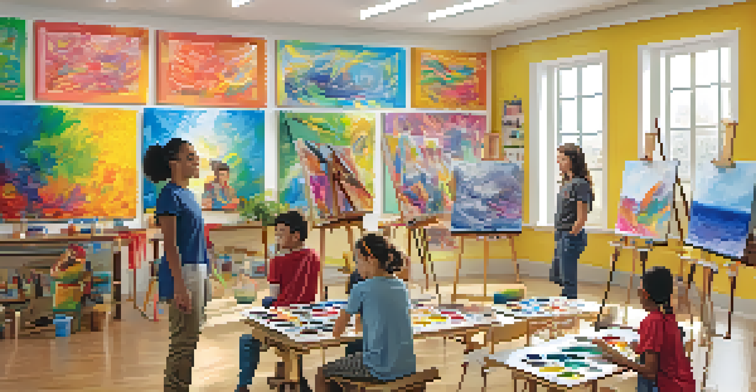 A high school student leading an arts workshop for younger children in a colorful art room filled with artwork and supplies.