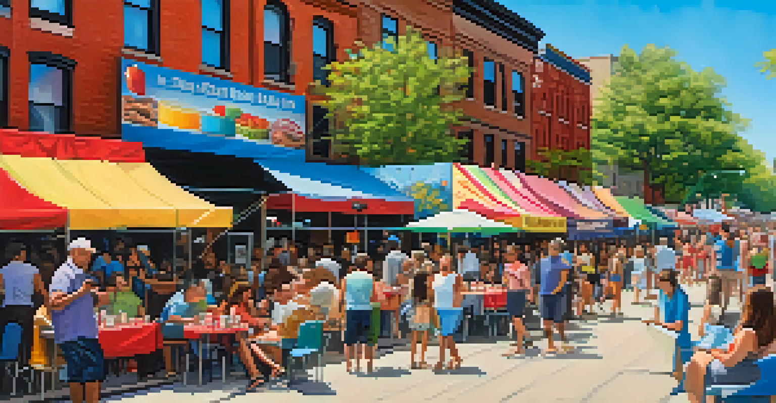 Lively street scene at a Chicago film festival with diverse attendees and colorful decorations.