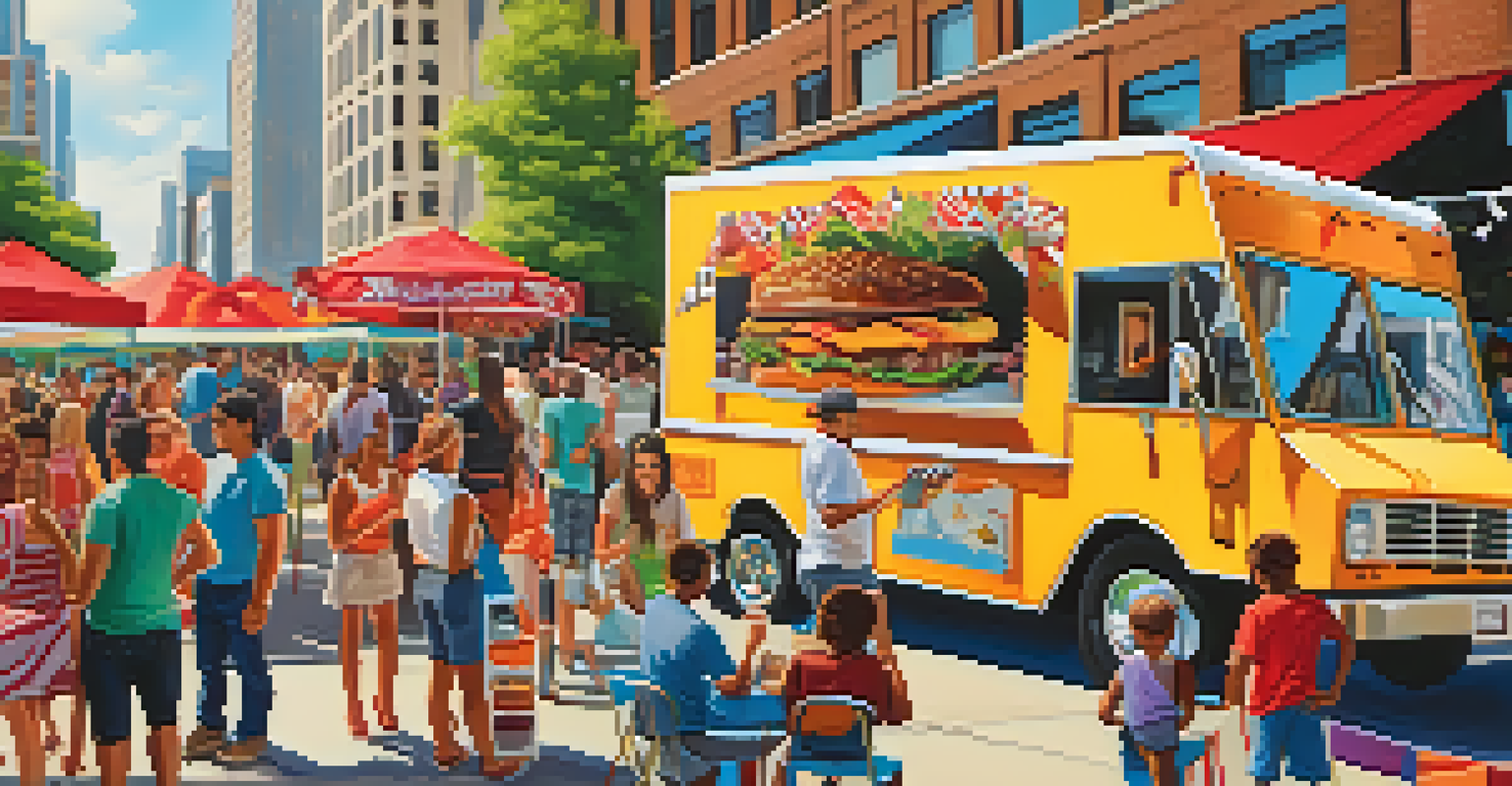 A lively outdoor food truck festival in Chicago, with families enjoying street food and colorful food trucks in the background.