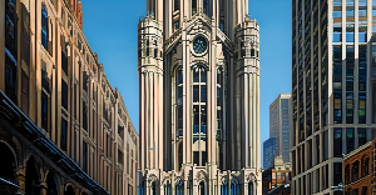 The Chicago Water Tower, showcasing Gothic Revival architecture with turrets and gargoyles, framed by modern buildings.