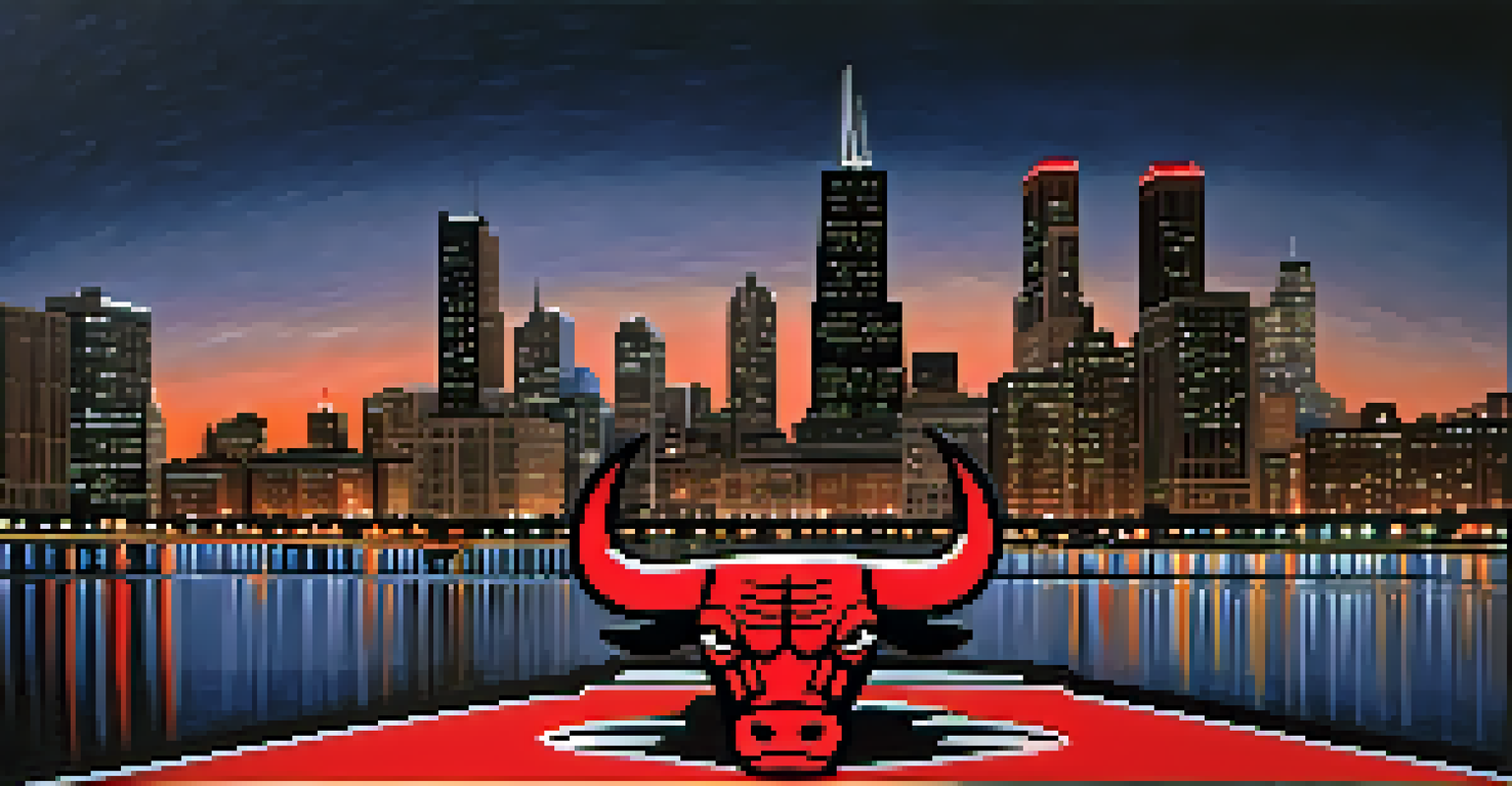 The Chicago Bulls logo set against the illuminated skyline of Chicago at dusk, with a vibrant sky.